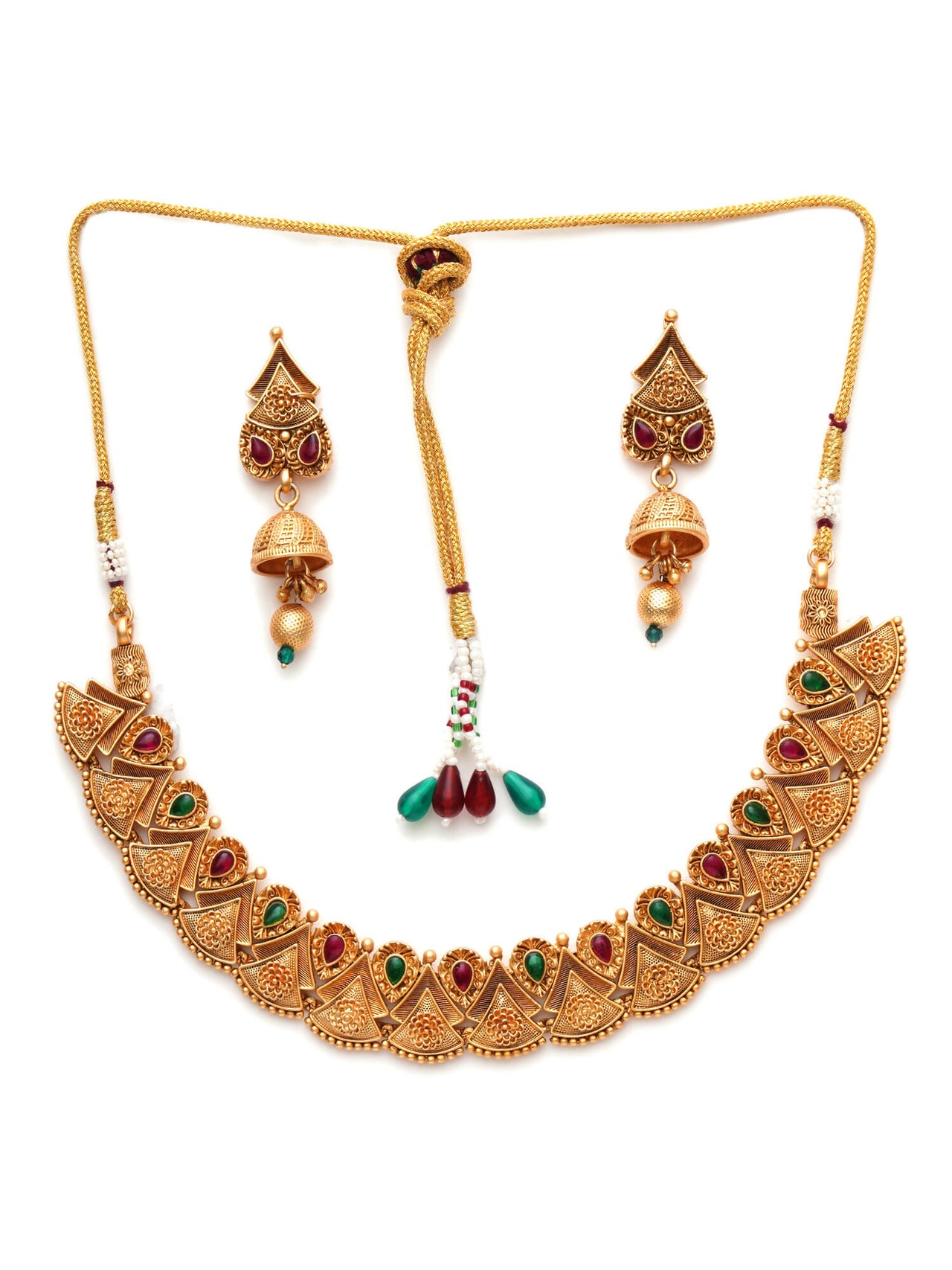 Temple Choker with Matching Jhumki Jewellery Set (Gold) - Ruby Raang - Distacart