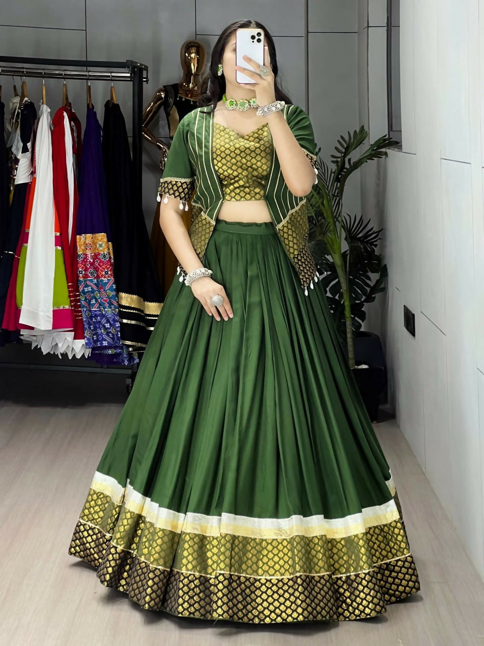 Yash Enterprise Mehndi Rayon Cotton Embroidery Semi Stitched Navratri Top Chaniya Choli - Dista