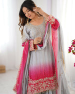 Thumbnail for The52 Women's Beautiful Chinon silk Fabric Embroidery Work Straight Kurta Palazzo and Dupatta Set - Distacart