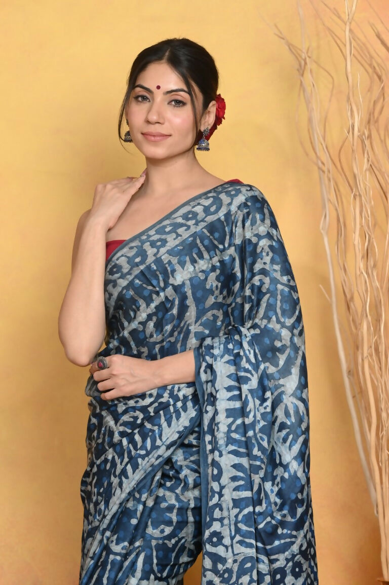 Very Much Indian Modal Silk Ajrakh Handblock Printed Natural Dyes Sleek Border Saree - Powder Blue - Distacart