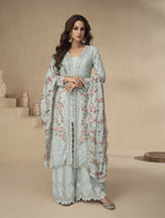 Thumbnail for Anaita Sky-Blue Chinon Readymade Suit with Embroidery Sequence Work - Distacart