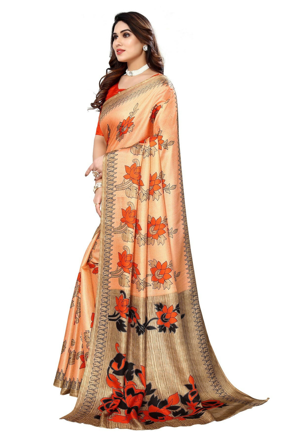 Vamika Orange Printed Art Silk Saree - Distacart