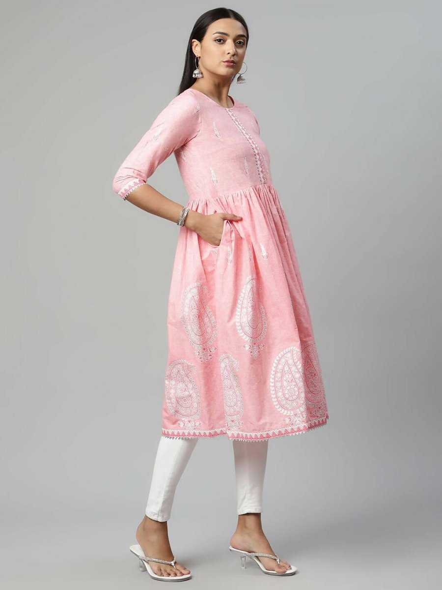 Ahalyaa Womens Pink Pure Cotton Printed Kurtas - Distacart