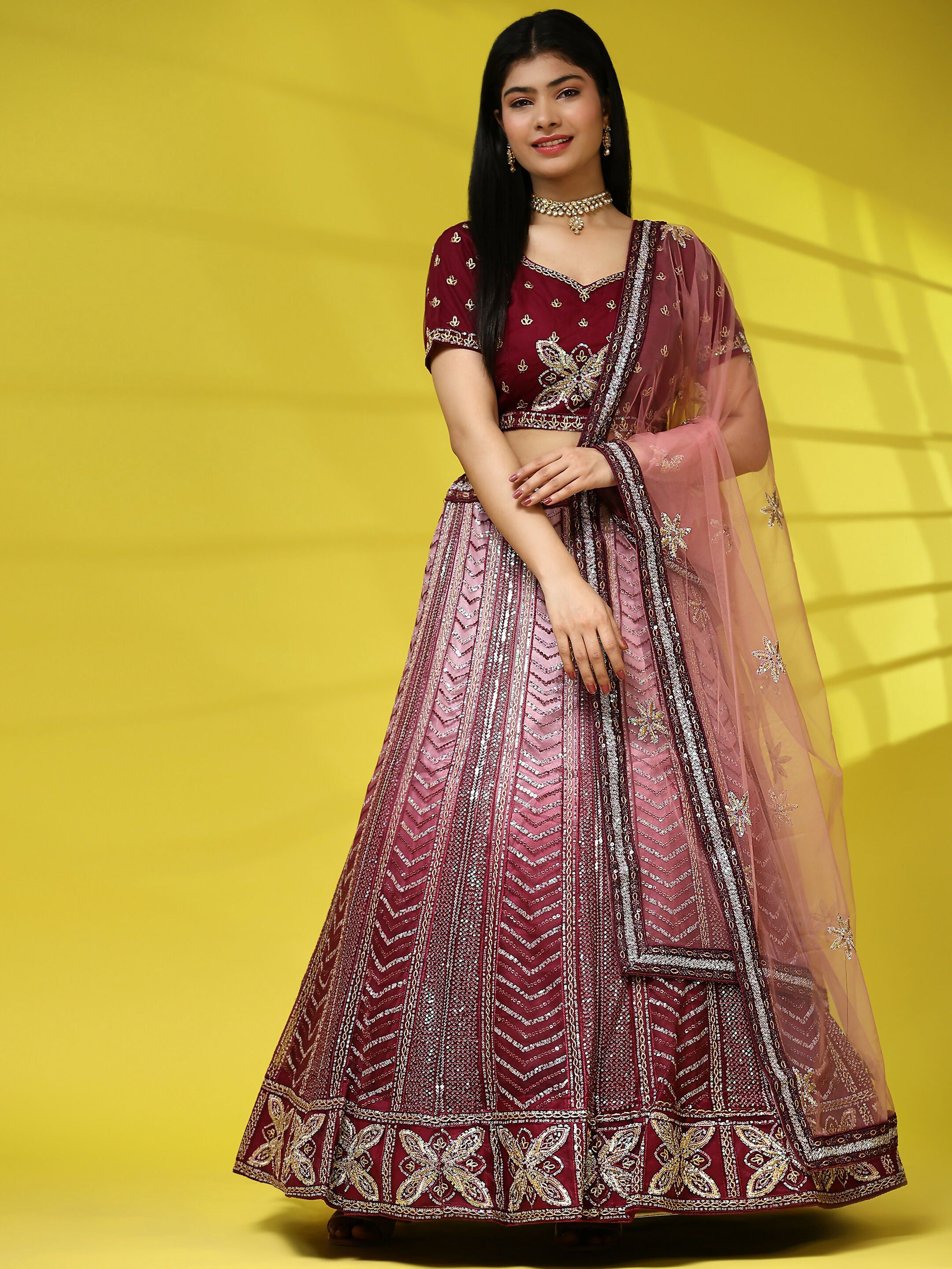 Maroon Fancy Net Sequence Embroidered Lehenga Choli with Dupatta - Dhara - Distacart