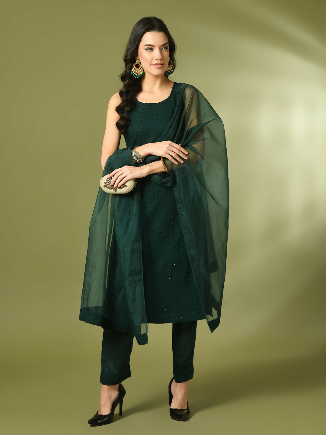 Myshka Women's Green Embroidered Cotton Straight Party Kurta Set With Dupatta - Distacart