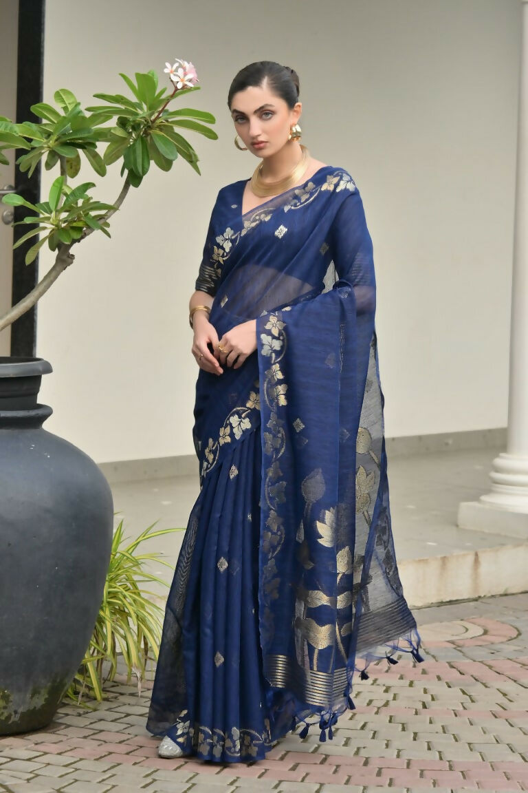 Vishnu Weaves Women's Blue Linen Silk Zari Weaving Saree with Blouse