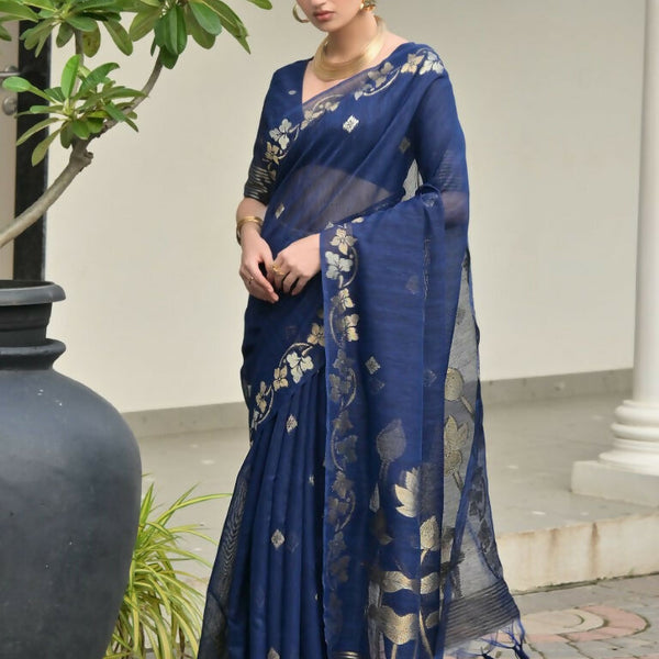 Vishnu Weaves Women's Blue Linen Silk Zari Weaving Saree with Blouse