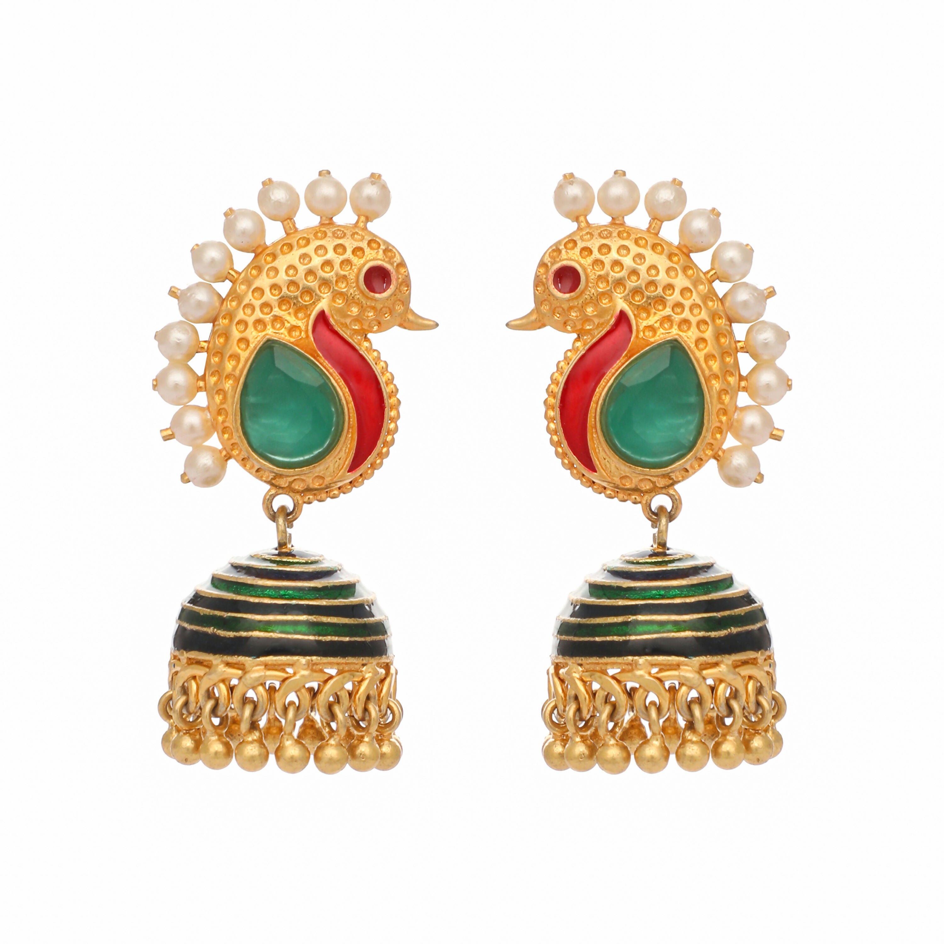 Nuyug 22K Gold Plated Pearls Studded Contemporary Shaped Enamel Jhumkas