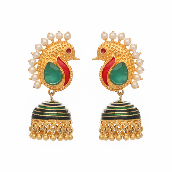 Nuyug 22K Gold Plated Pearls Studded Contemporary Shaped Enamel Jhumkas