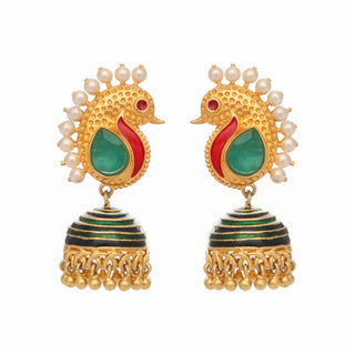 Nuyug 22K Gold Plated Pearls Studded Contemporary Shaped Enamel Jhumkas