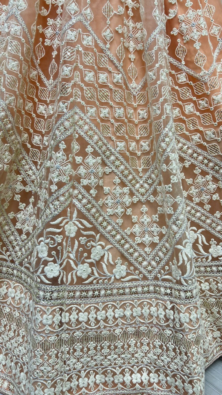 Jyoti Fashion Women's Peach Net Patterned Thread Embroidered with Sequins Wedding Lehenga Choli - Distacart
