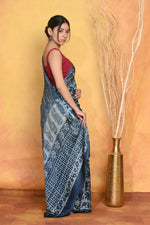 Thumbnail for Very Much Indian Modal Silk Ajrakh Handblock Printed Natural Dyes Sleek Border Saree - Powder Blue - Distacart