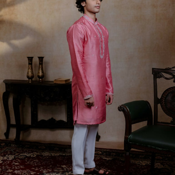 Falling Raw Silk Pink Prism Motif Kurta Set By Hilo Design