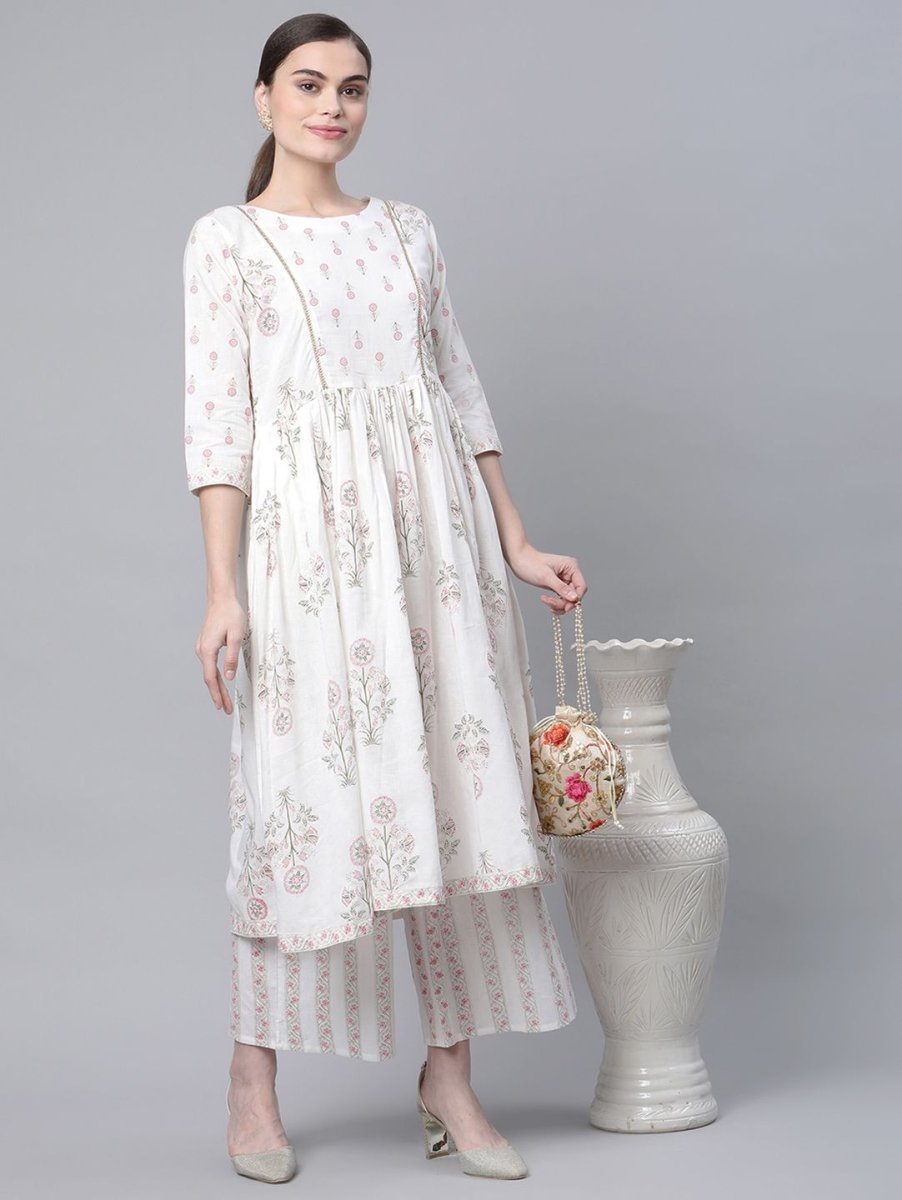 Ahalyaa Women's Off White Pure Cotton Printed Kurta Palazzo Set