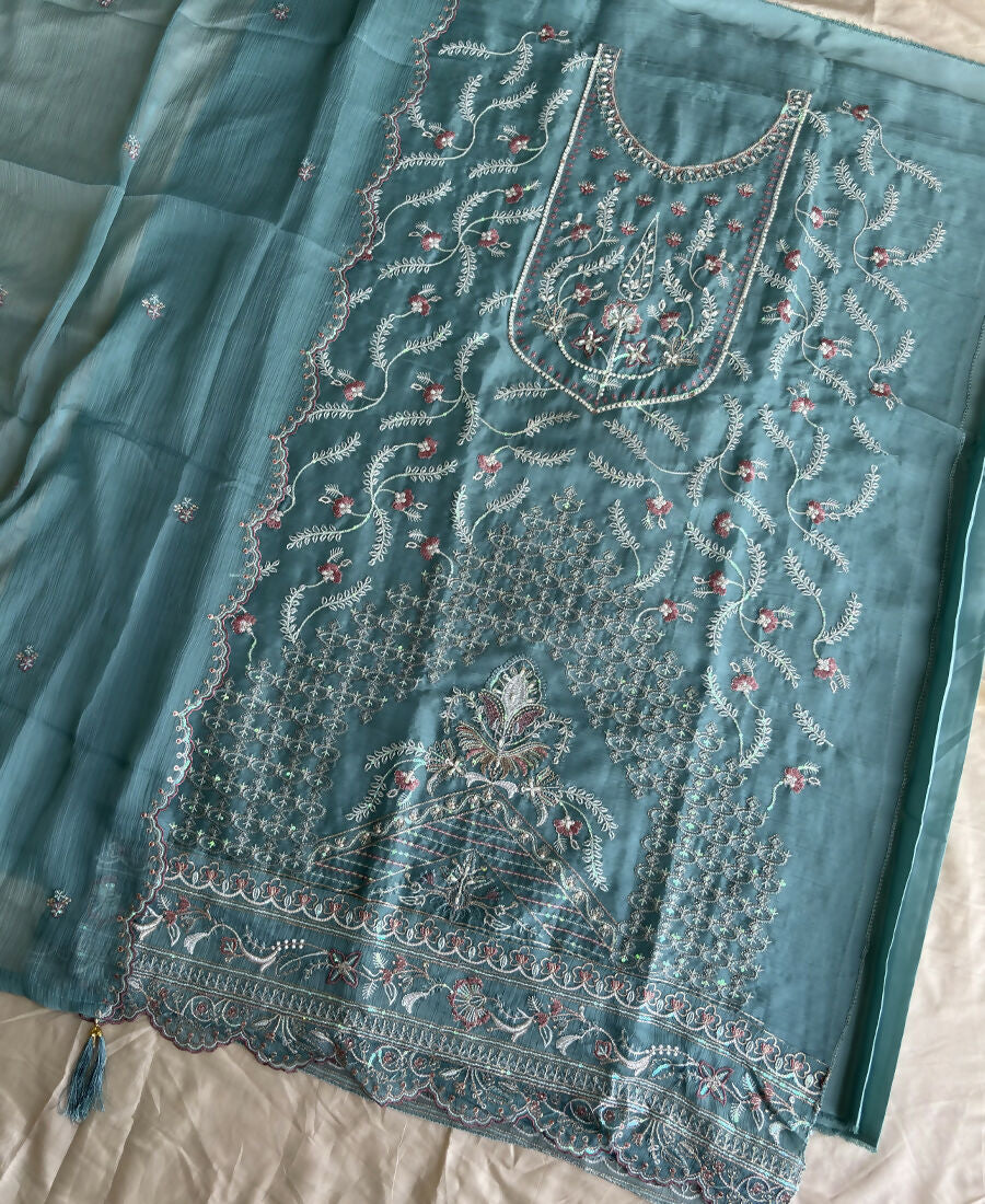 KC Beautiful Sky Blue Chiffon Silk Hand Embroidery Suit For Women - Dista