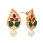 Thumbnail for Nuyug 22K Gold Plated Emarald Stone Studded Contemporary Petal Shaped Pearl Drop Stud Earrings - Distacart