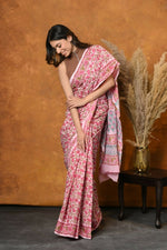 Thumbnail for Very Much Indian Pure Cotton Handblock Printed Saree - Light Pink - Distacart