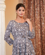 Thumbnail for Kaajh Women's Grey Ethnic Floral Hand Block Print Cotton Dress - Distacart