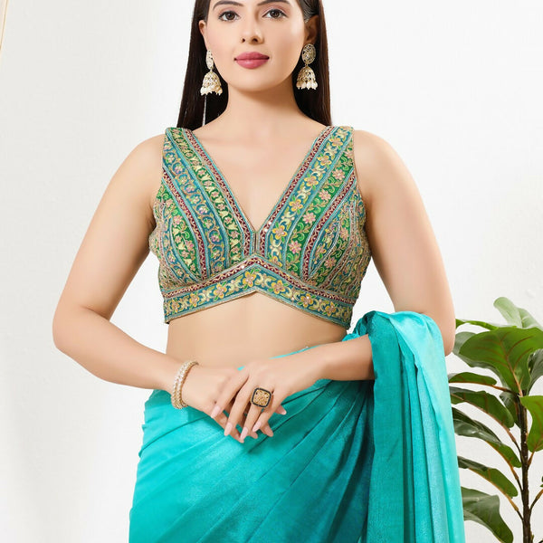 Joban Fashion Green Multi Georgette Padded Blouse With V Neck Sleeveless - Distacart