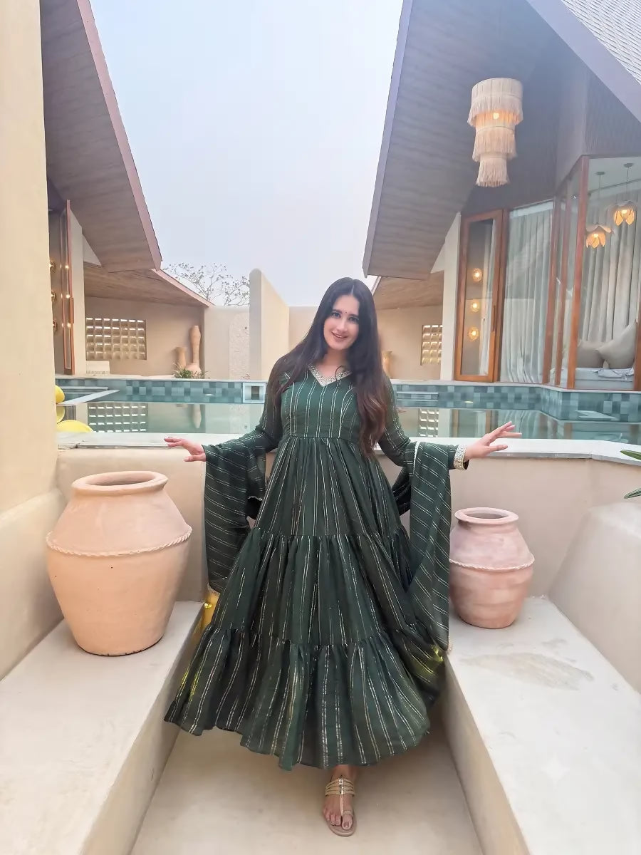 Teeya Creation Festive Green Striped Anarkali Suit with Dupatta and Pant Set