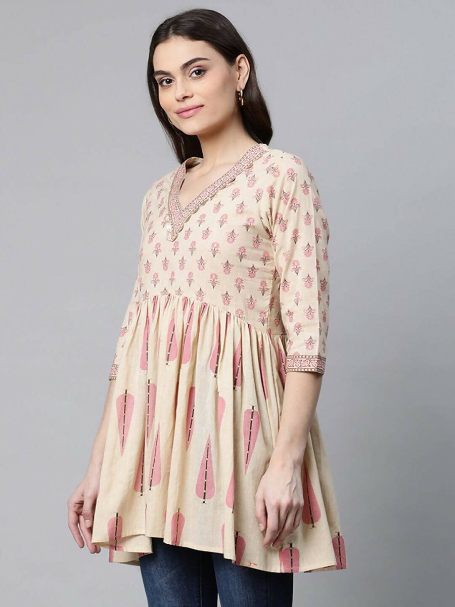 Ahalyaa Women Beautiful Beige Pure Cotton Printed Tunic - Distacart