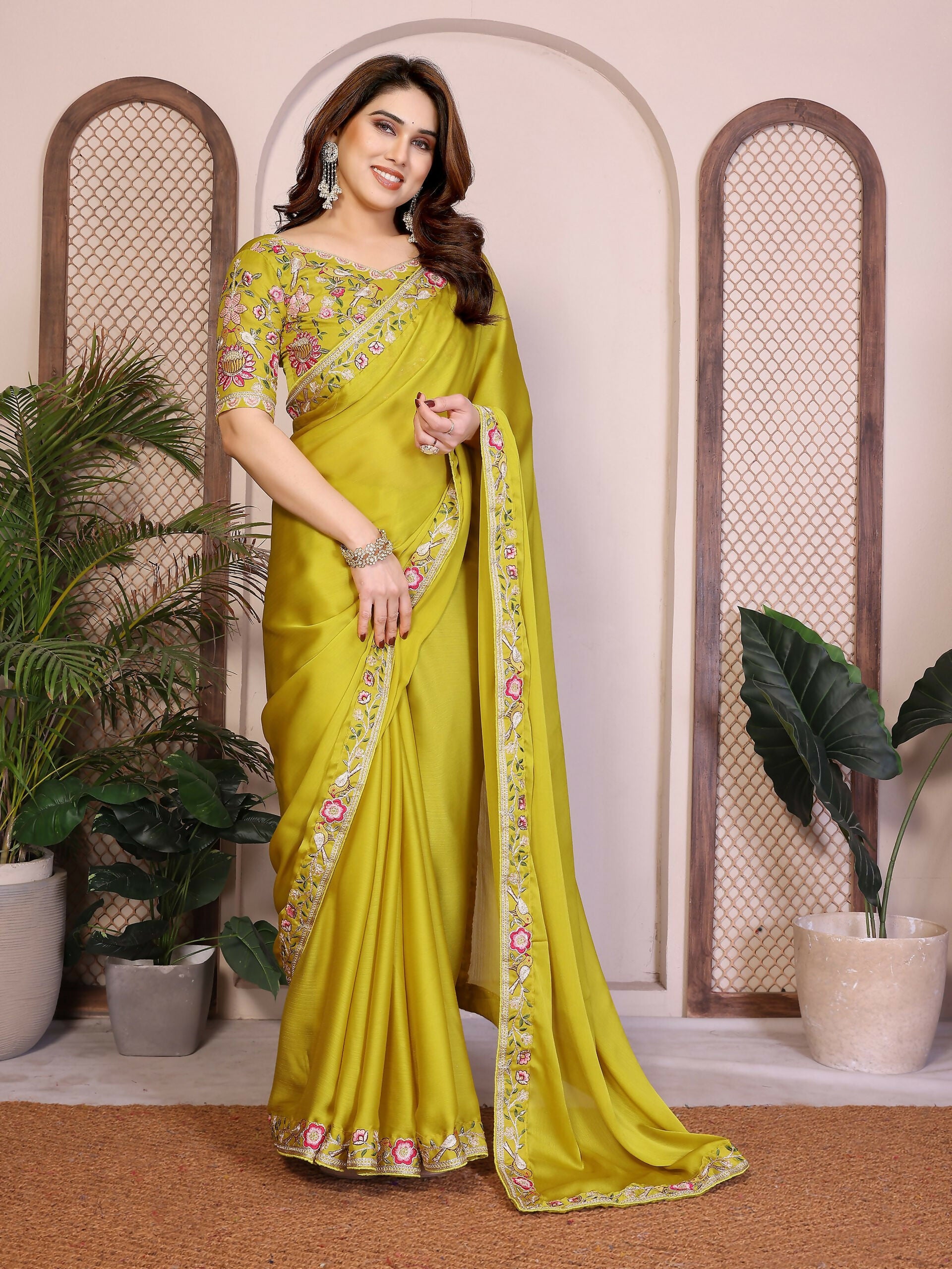 Teeya Creation New Trendy Party Wear Soft Satin Chiffon Saree-Yellow - Dista
