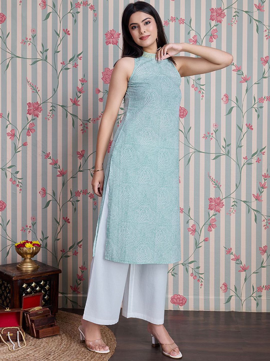 Ode by House of Pataudi Ethnic Motifs Printed Pure Cotton Straight Kurta with Palazzos - Distacart