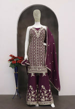 Thumbnail for Anaita Maroon Chinon Stitched Suit with Embroidery Coding Sequence Work - Distacart