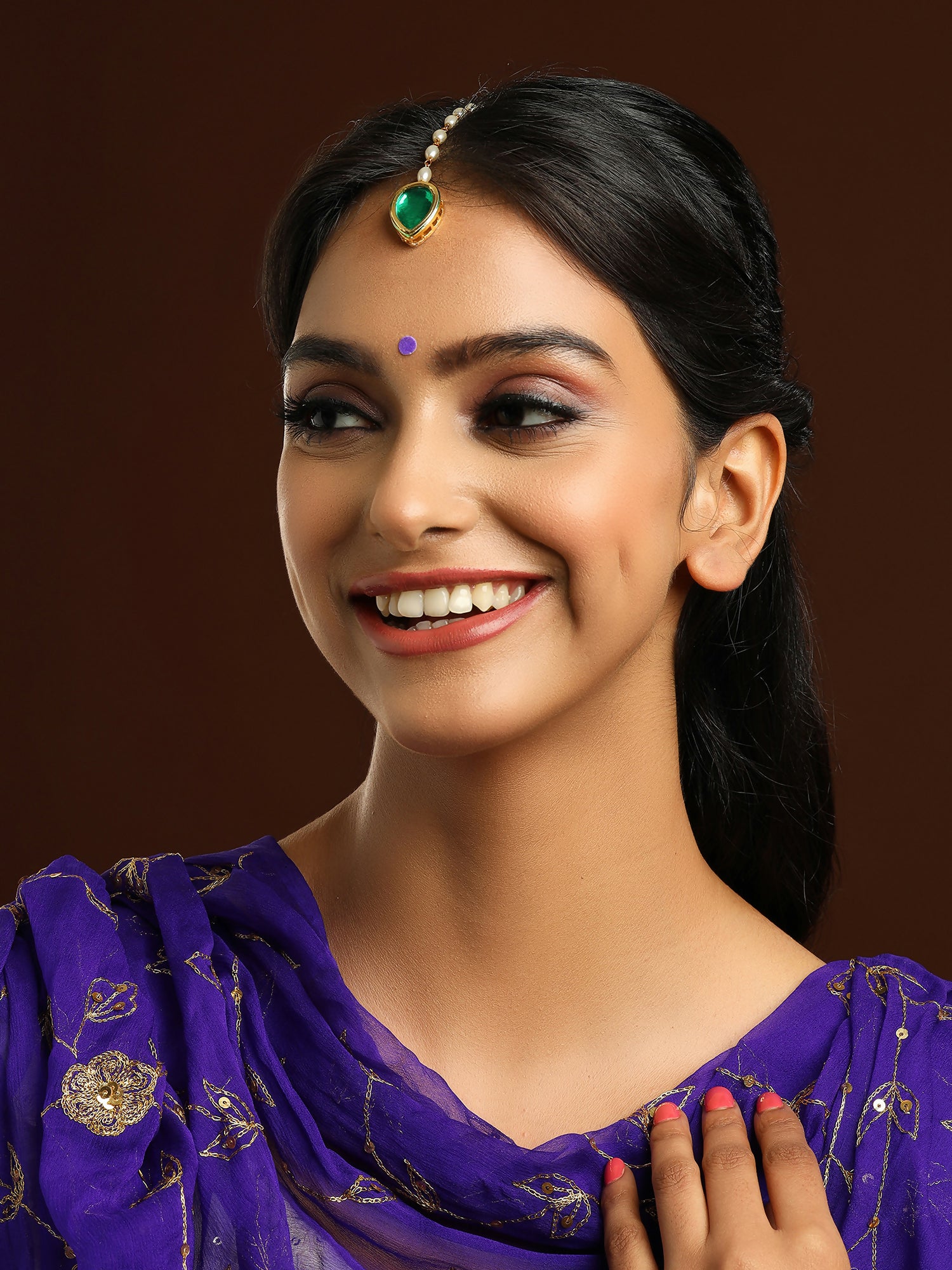 Ruby Raang Green Tear Drop Green Meenakari Maang Tikka