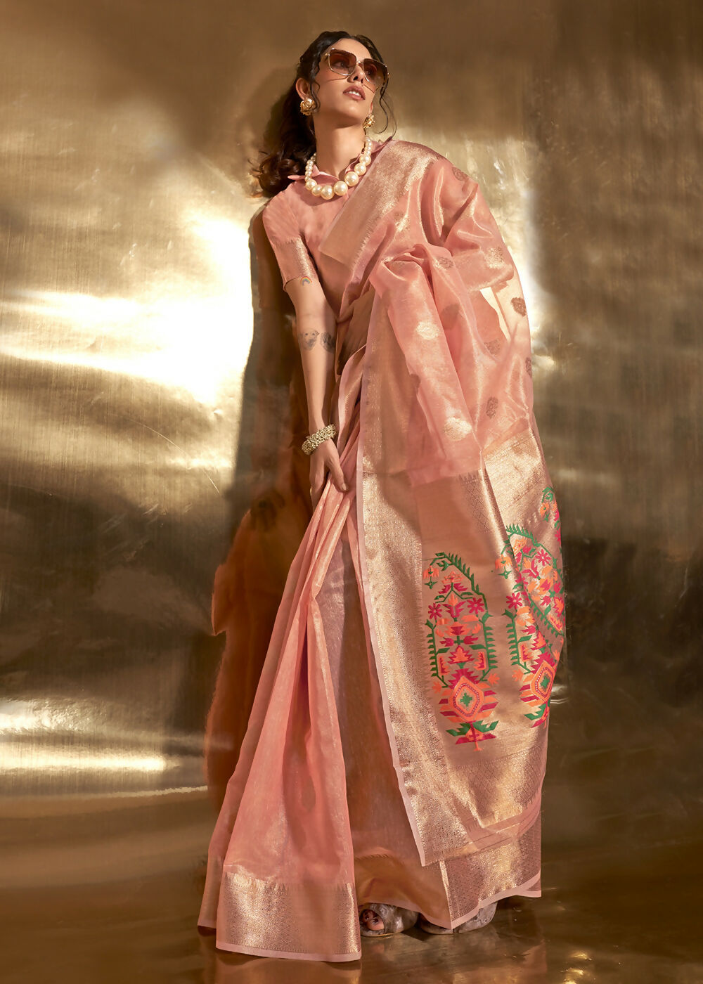 Peach Handwoven Tissue Fabric Festive & Party Style Saree - Emponline - Distacart