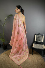 Thumbnail for Joban Fashion Baby Pink Handloom Banarasi Organza Silk Khatali Butta Work Saree - Distacart
