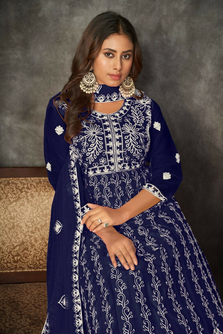 Jyoti Fashion Women's Blue Net Embroidered Anarkali Kurta Pant Set With Dupatta - Distacart