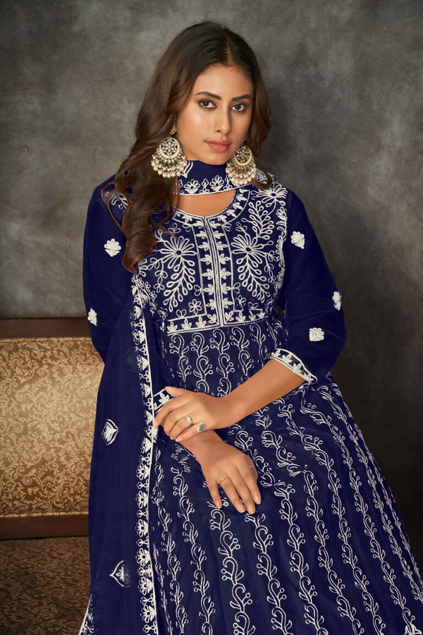 Jyoti Fashion Women's Blue Net Embroidered Anarkali Kurta Pant Set With Dupatta - Distacart