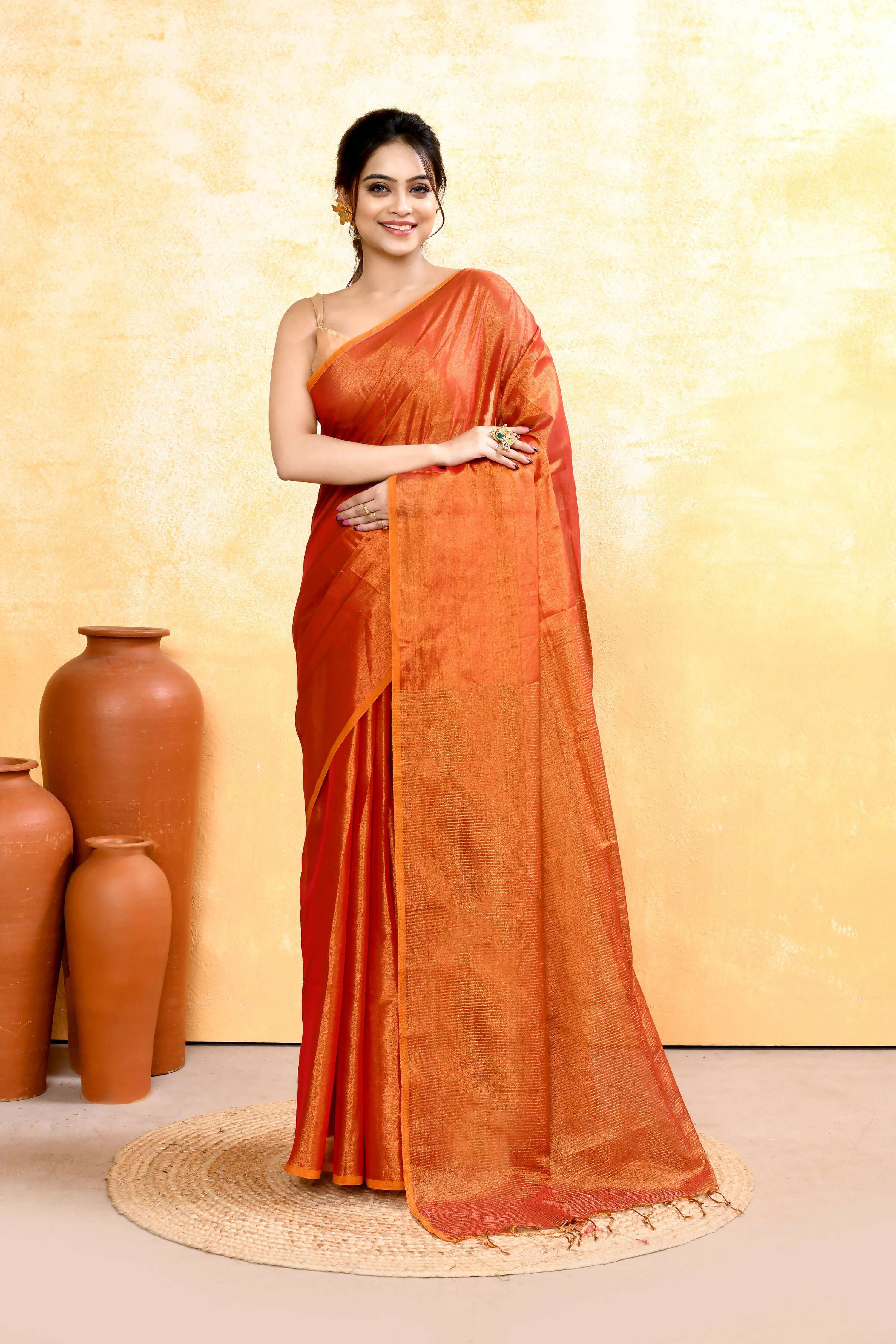 Piyari Fashion Women's Rust Dual Tone Organic Tissue Saree With Blouse Piece - Distacart