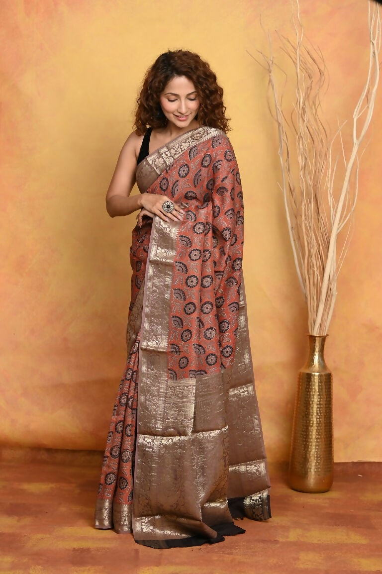 Very Much Indian Modal Silk Ajrakh Handblock Printed Natural Dyes With Designer Border Saree - Red - Distacart