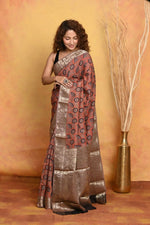 Thumbnail for Very Much Indian Modal Silk Ajrakh Handblock Printed Natural Dyes With Designer Border Saree - Red - Distacart
