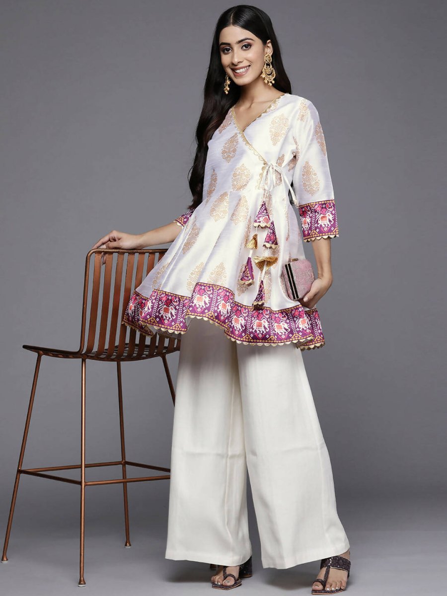 Ahalyaa Women White & Golden Ethnic Printed Tunic - Distacart