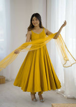 Thumbnail for Preksha Creation Yellow Wedding Special Women Pure Roman Silk Chanderi Fabric Anarkali Gown With Dupatta And Pant