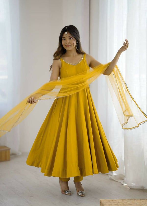 Preksha Creation Yellow Wedding Special Women Pure Roman Silk Chanderi Fabric Anarkali Gown With Dupatta And Pant