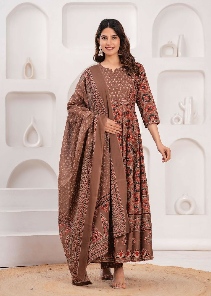 Jaimini Women Cotton Printed Round Neck Calf Length Flared Kurta Pant And Dupatta Set - Dista