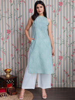 Thumbnail for Ode by House of Pataudi Ethnic Motifs Printed Pure Cotton Straight Kurta with Palazzos - Distacart