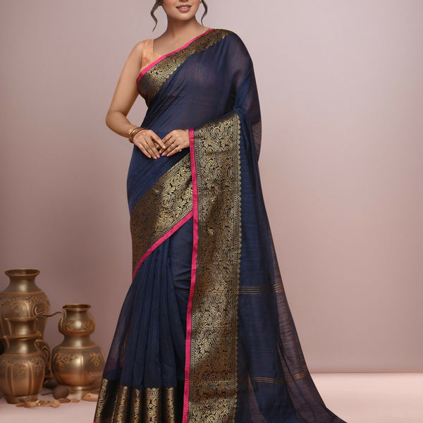 Joban Fashion Navy Blue Cotton Blend Handloom Saree