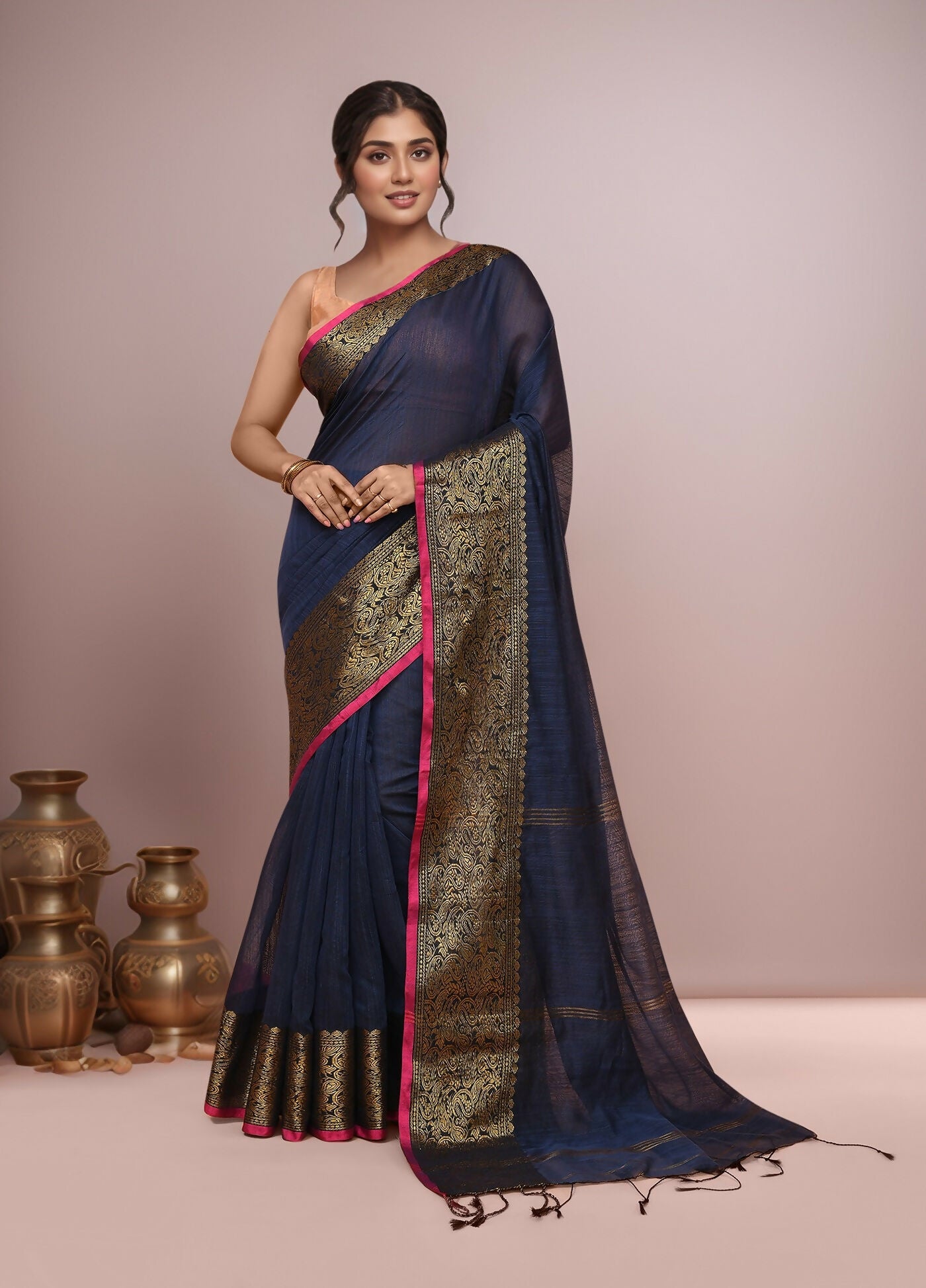Joban Fashion Navy Blue Cotton Blend Handloom Saree - Dista