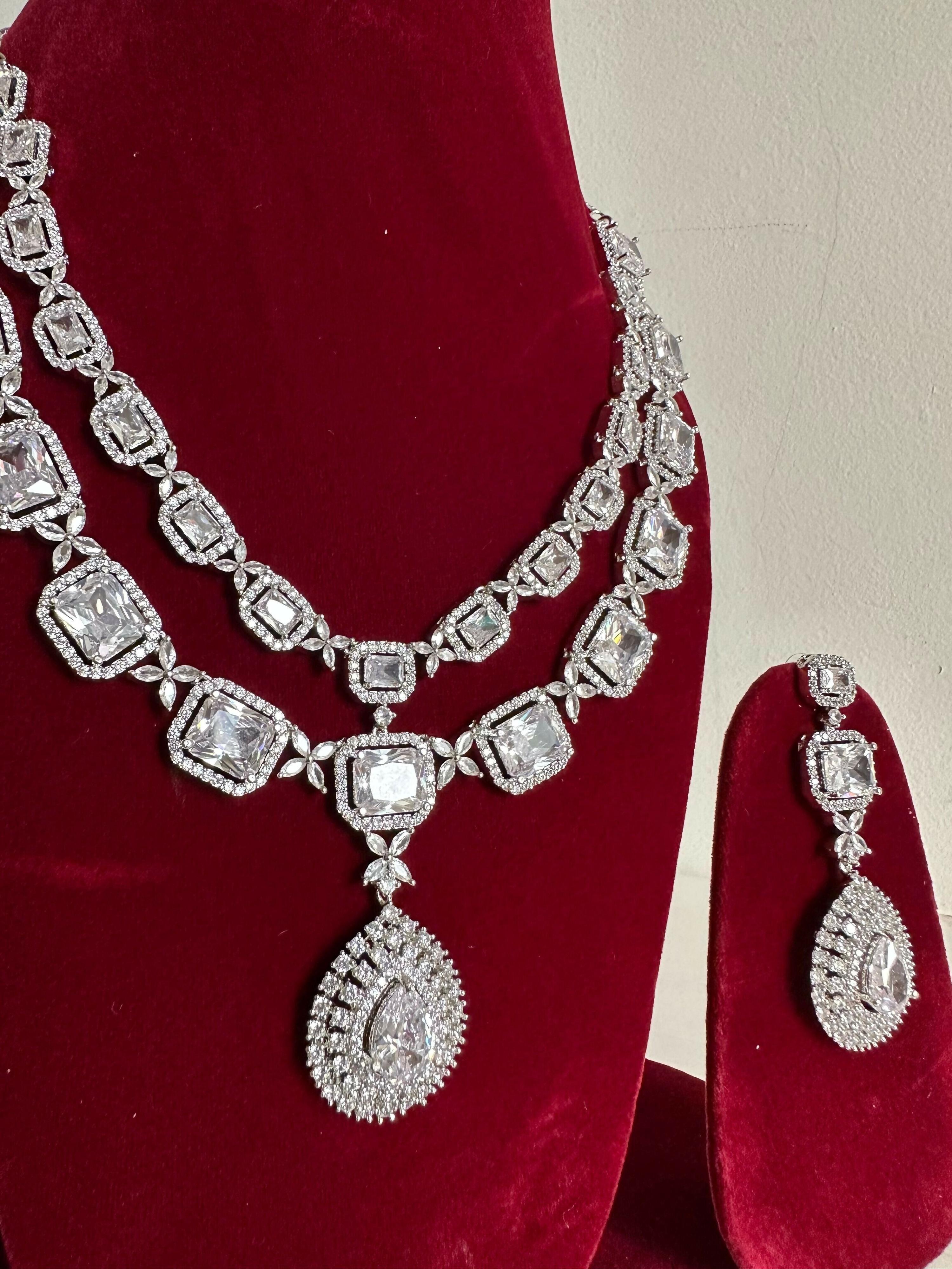 Siver American Diamond Two Layer Elegent Necklace Set With Earrings By House of Ree - Distacart