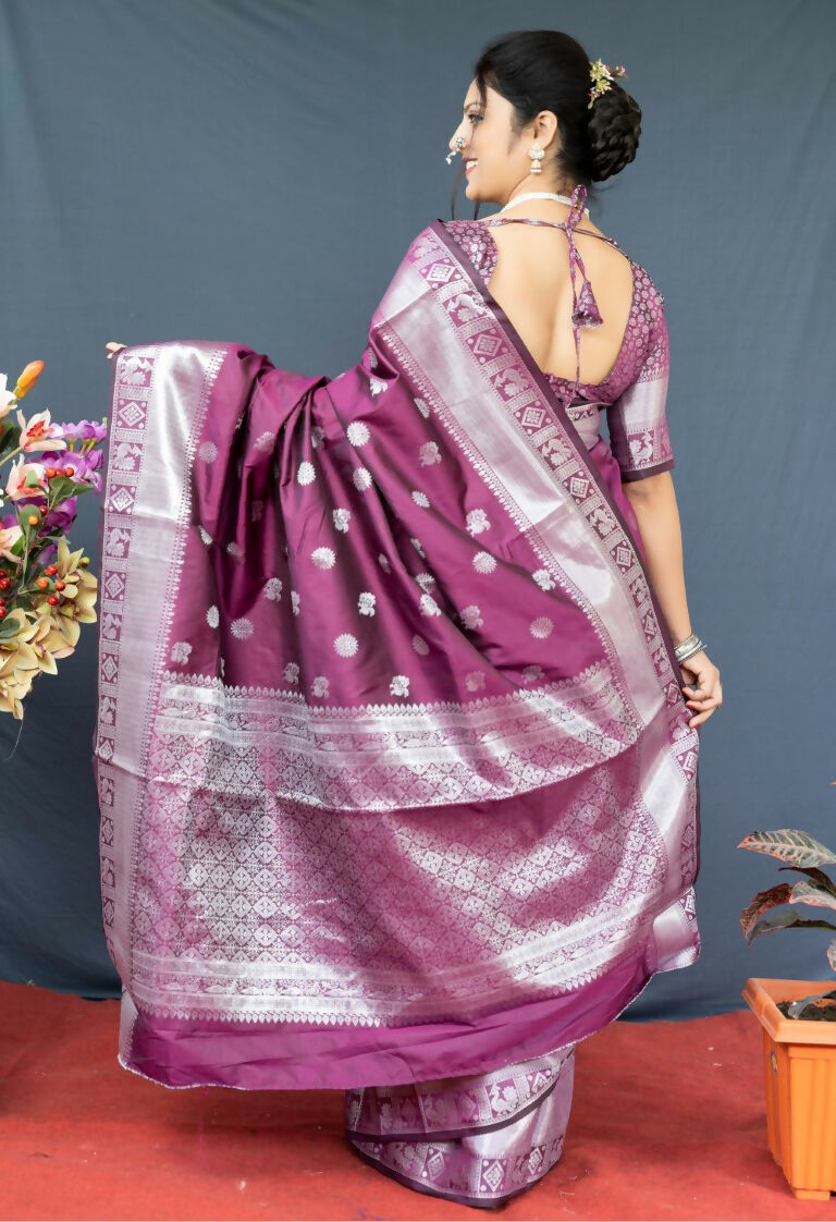 Jyoti Fashion Women's Wine Soft Banarasi Silk Zari Woven Saree with Blouse - Distacart