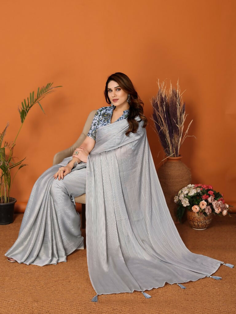 Partywear Designer Grey Polyester Zari Fancy Saree - Starwalk - Distacart