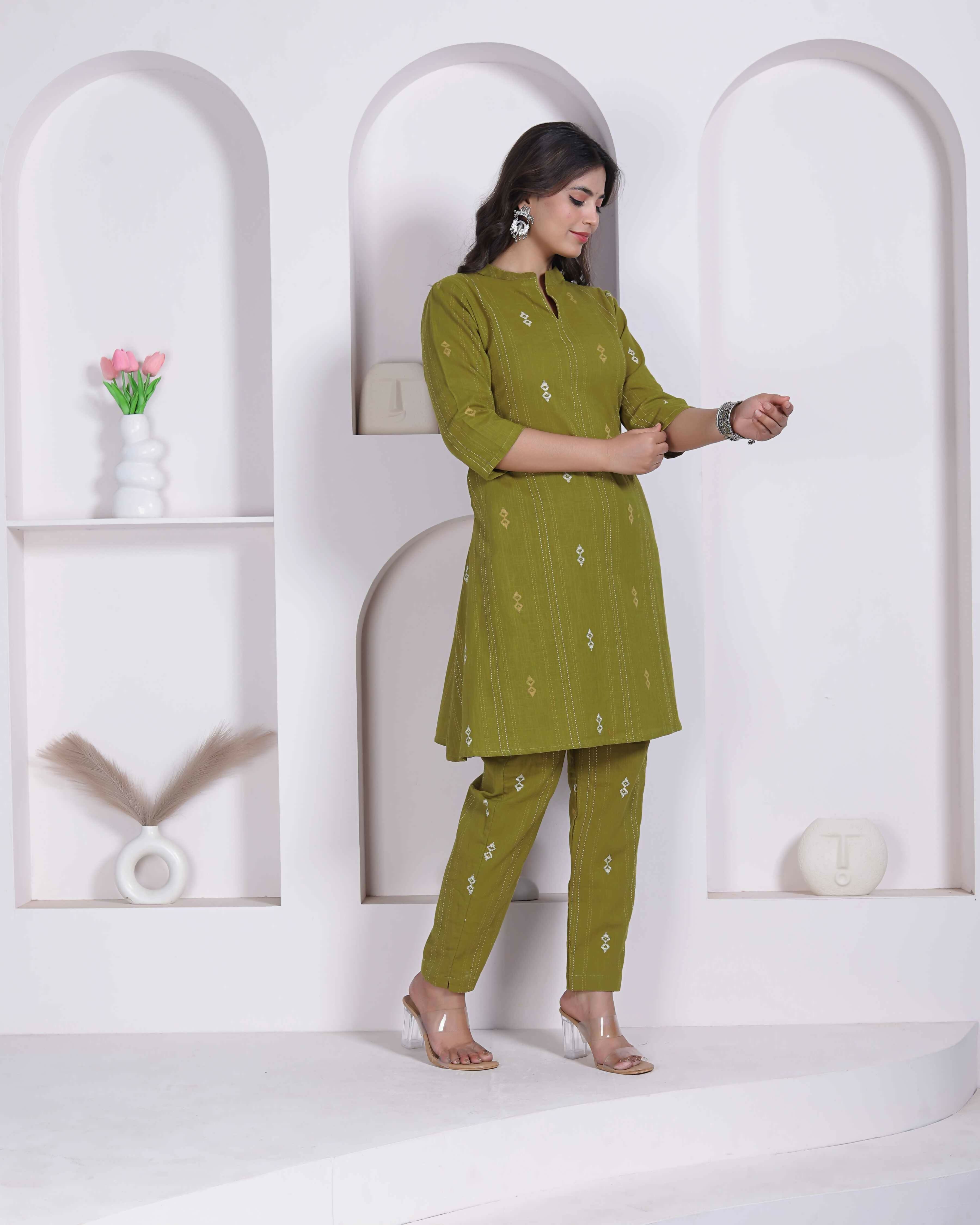 Miravan Womens Green Printed Cotton Straight Kurta With Palazzo - Dista