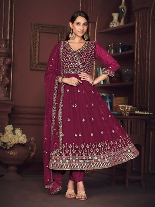 Jyoti Fashion Women's Rani Pink Georgette Embroidered Anarkali Kurta Pant Set With Dupatta - Distacart