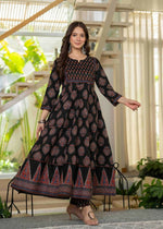 Thumbnail for Jaimini Women Cotton Printed Round Neck 3/4 Sleeves Calf Length Flared Kurta Pant And Dupatta Set - Dista