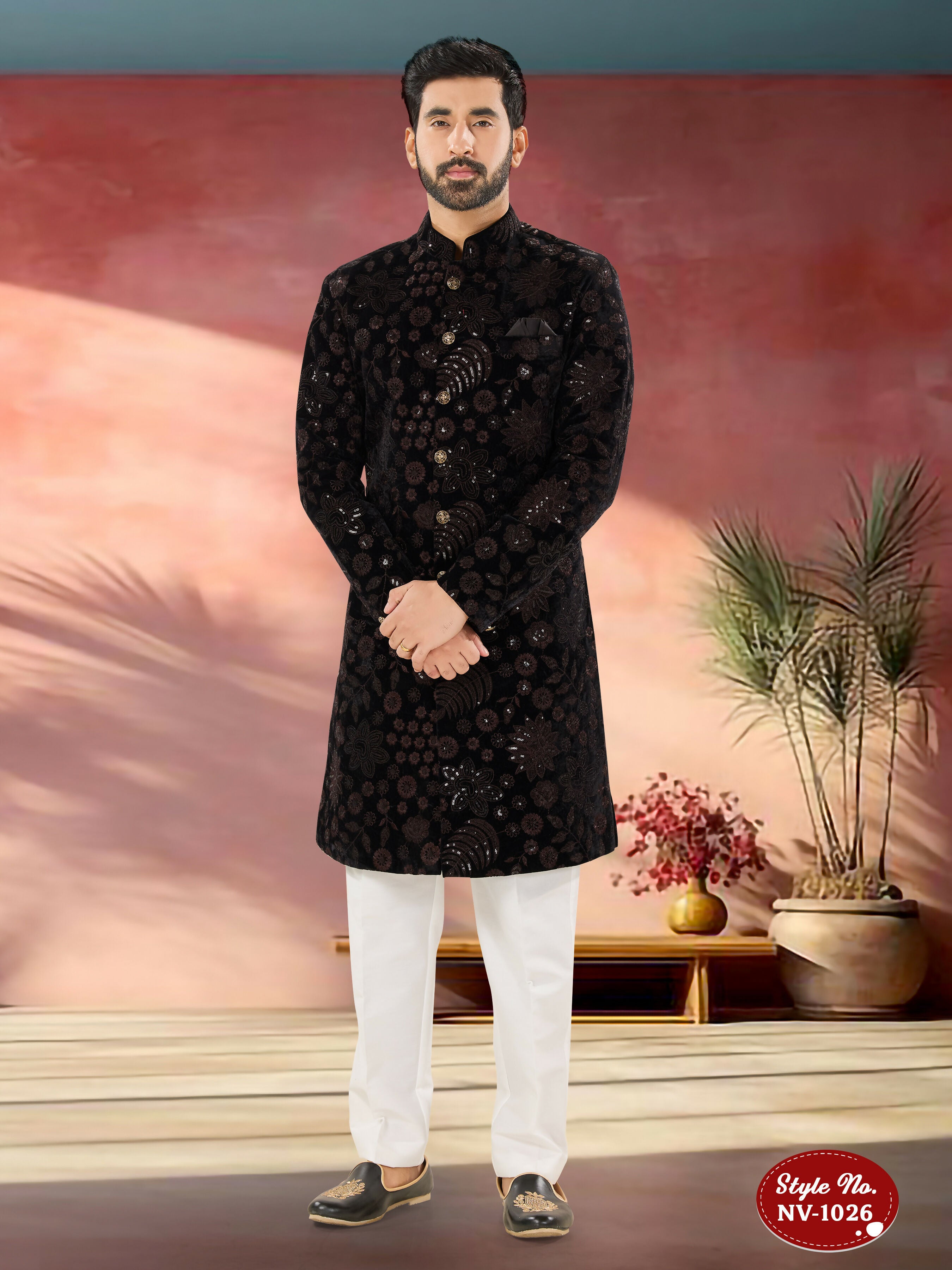 Joban Fashion Men's Black Base ( Brown ) Straight Velvet Thread And Sequence Embroidary All Over Indo-Western Kurta Set - Distacart